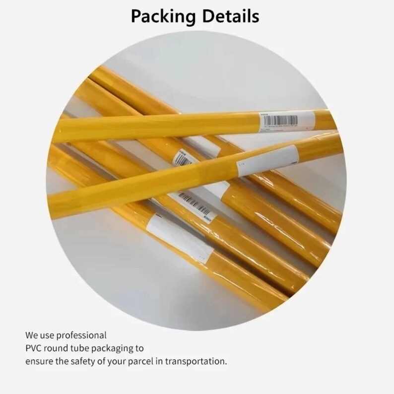 May include: Image of yellow rolled items with white labels, packaged in a circle. The text "Packing Details" is at the top. The text at the bottom says, "We use professional PVC round tube packaging to ensure the safety of your parcel in transportation."
