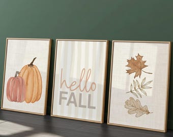 Hello Autumn Canvas Print Set | Pumpkin, Leaves Wall Art (Unframed)