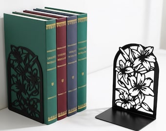 Metal Flower Bookends | Modern Decorative Floral Book Supports, Black Finish