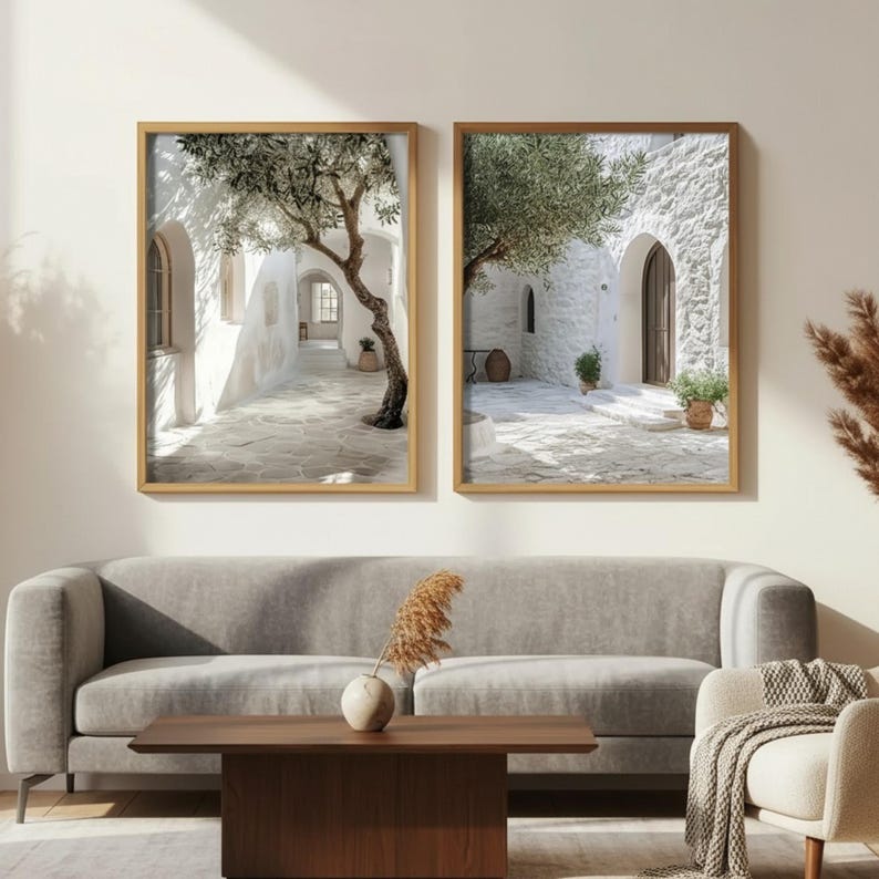 1/2pcs Mediterranean Olive Tree, Courtyard Landscape Canvas Print , Island Coastal Building Wall Art, Modern Home Decor, Coastal Wall Decor image 3