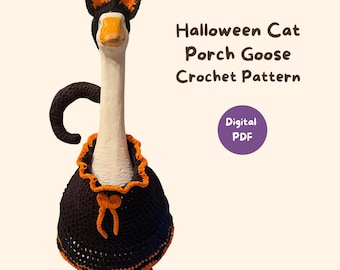 Halloween Cat Porch Goose Crochet Pattern, Black Dress, Cat Ears, Tail (Digital PDF)
