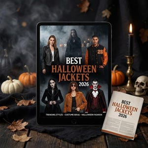 Może przedstawiać: Tablet cyfrowy wyświetlający okładkę z napisem BEST HALLOWEEN JACKETS 2026 przedstawiającą pięć osób w różnych kurtkach, obok drukowanej broszury z tym samym tytułem, na ciemnym tle z dyniami i świecą.