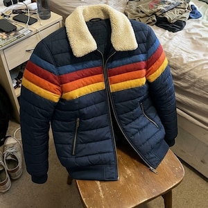 Rainbow Stripe Puffer Jacket, Rainbow Navy Blue Puffer Jacket, Rainbow Brown Puffer Jacket, Women Retro 70s Quilted Coat