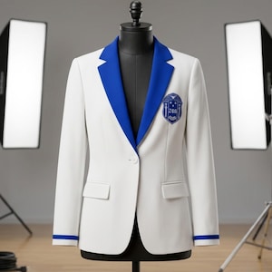 May include: A white blazer featuring a vibrant blue shawl collar, a single front button, and two flap pockets. The left chest displays a blue embroidered crest with the Greek letters ZΦB. The sleeves have blue trim at the cuffs.