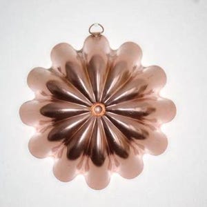 May include: A copper-colored metal gelatin mold featuring a radial, flower-like design with twelve rounded, petal-shaped indentations radiating from a central circular point. A small metal loop is attached to the top edge for hanging.