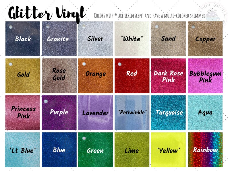 Puede incluir: Una tabla de 18 colores diferentes de vinilo con purpurina. Los colores incluyen negro, granito, plata, blanco, arena, cobre, oro, oro rosa, naranja, rojo, rosa oscuro, rosa chicle, rosa princesa, morado, lavanda, azul periwinkle, turquesa, aguamarina, azul claro, azul, verde, lima, amarillo y arco&iacute;ris.
