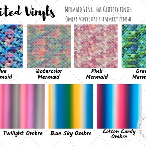 Puede incluir: Una colecci&oacute;n de l&aacute;minas de vinilo de edici&oacute;n limitada con escamas de sirena en patrones azules, rosas, verdes y acuarela. La fila inferior presenta dise&ntilde;os degradados en tonos crep&uacute;sculo, cielo azul y algod&oacute;n de az&uacute;car.