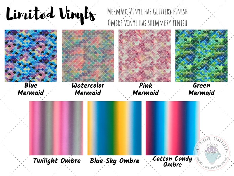 Puede incluir: Una colecci&oacute;n de l&aacute;minas de vinilo de edici&oacute;n limitada con escamas de sirena en patrones azules, rosas, verdes y acuarela. La fila inferior presenta dise&ntilde;os degradados en tonos crep&uacute;sculo, cielo azul y algod&oacute;n de az&uacute;car.