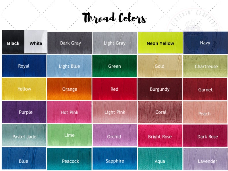Puede incluir: Una carta de colores que muestra 25 colores de hilo diferentes. Los colores est&aacute;n dispuestos en cinco filas de cinco colores cada una. Los colores incluyen negro, blanco, gris oscuro, gris claro, amarillo ne&oacute;n, azul marino, azul real, azul claro, verde, dorado, verde amarillento, amarillo, naranja, rojo, burdeos, granate, morado, rosa intenso, rosa claro, coral, melocot&oacute;n, verde jade, lima, orqu&iacute;dea, rosa brillante, rosa oscuro, azul, pavo real, zafiro, aguamarina y lavanda.
