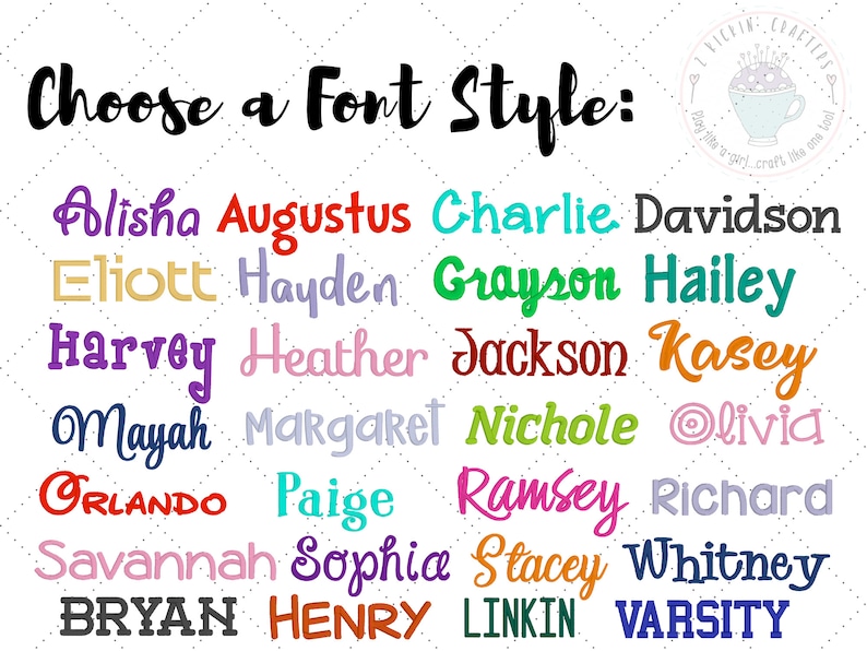 Puede incluir: Un gr&aacute;fico colorido con una variedad de estilos de fuente para nombres. Los nombres incluyen Alisha, Augustus, Charlie, Davidson, Eliott, Hayden, Grayson, Hailey, Harvey, Heather, Jackson, Kasey, Mayah, Margaret, Nichole, Olivia, Orlando, Paige, Ramsey, Richard, Savannah, Sophia, Stacey, Whitney, Bryan, Henry, Linkin y Varsity.