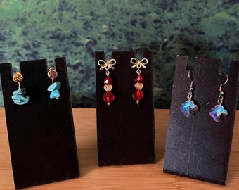 Unique beaded hangin earrings, rainbow, purple red, gold beaded dangles, natural stone, 24k gold bow stud, 18K gold plated, Jewelry