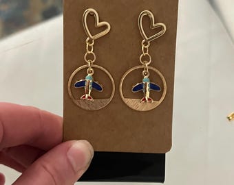 Plane earrings, unique plane dangle hoop earrings, heart stud, 24K gold plated, hypoallergenic