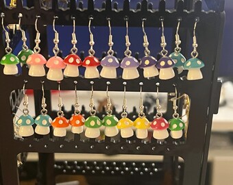 Pendientes colgantes con forma de hongo, resina pintada, ganchos de plata de ley.