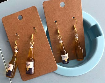 Beer bottle Hanging Earrings, Resin bottles, 18k gold plated fishhook Hooks, hypoallergenic, unisex jewelry