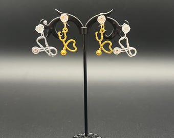 Hanging Stethoscope Rhinestone Earrings, Gold or Silver pendants, Cubic zirconium rhinestone earring studs, hypoallergenic