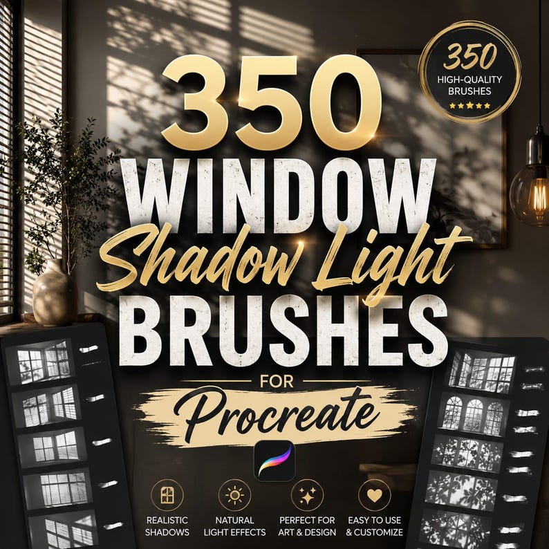 Procreate用ウィンドウシャドウライトブラシ350種類、リアルな太陽光とウィンドウライト効果、シャドウオーバーレイブラシ、ライティングブラシパック 画像 1