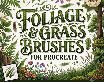 Foliage & Grass Brushes for Procreate, Leaf, Plant and Lawn Brush Set, Nature Landscape Brushes, Botanical Stamp Brushes, iPad Drawing Tools