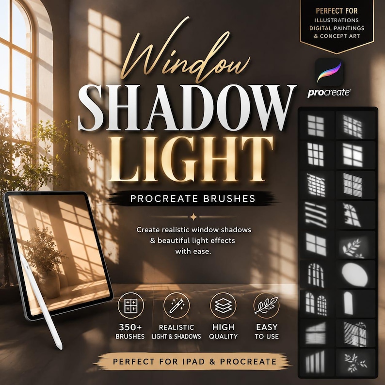 Procreate用ウィンドウシャドウライトブラシ350種類、リアルな太陽光とウィンドウライト効果、シャドウオーバーレイブラシ、ライティングブラシパック 画像 7