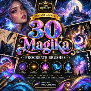 May include: A digital product display for 30 Magika Procreate Brushes featuring a fantasy theme with a person, a castle, a cat, and a glowing bottle. The text reads 30 Magika, Procreate Brushes, Instant Access, and Made for Procreate.