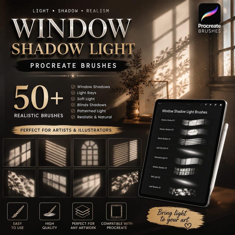 Procreate用ウィンドウシャドウライトブラシ350種類、リアルな太陽光とウィンドウライト効果、シャドウオーバーレイブラシ、ライティングブラシパック 画像 6