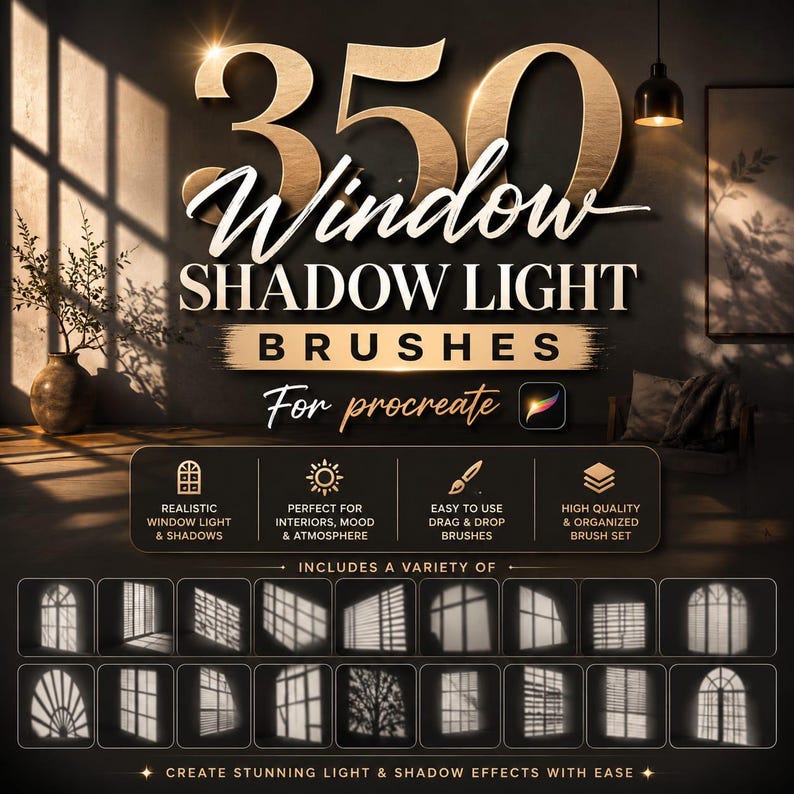 Procreate用ウィンドウシャドウライトブラシ350種類、リアルな太陽光とウィンドウライト効果、シャドウオーバーレイブラシ、ライティングブラシパック 画像 2