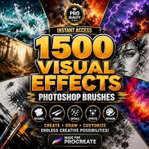 Op de afbeelding: Een digitale collectie van 1500 visuele effecten Photoshop-penselen met een goudkleurige titel, diverse artistieke texturen en bliksembeelden. De afbeelding bevat tekstlabels voor texturen, streken, details, effecten en kunstwerken.