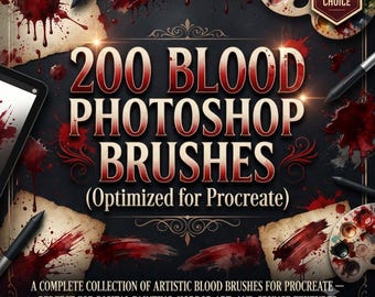 200 Blood Photoshop Brushes, Realistic Blood Splatter & Drip Brush Pack, Horror FX, Grunge Texture And Instant Access and Photoshop Brushes