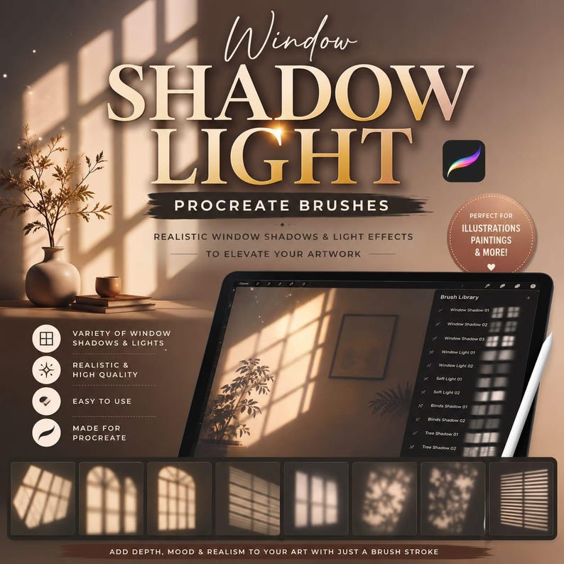 Procreate用ウィンドウシャドウライトブラシ350種類、リアルな太陽光とウィンドウライト効果、シャドウオーバーレイブラシ、ライティングブラシパック 画像 3