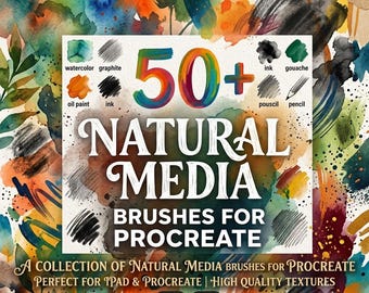 50 Natural Media Brushes for Procreate, Watercolor, Pencil, Ink & Paint Brush Bundle, Digital Art Kit And Instant Access