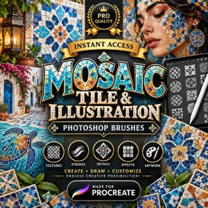 May include: A digital product advertisement for Mosaic Tile & Illustration Photoshop brushes. The graphic features text, a person with mosaic-patterned skin, a tablet with a stylus, and various blue and orange mosaic tile designs.