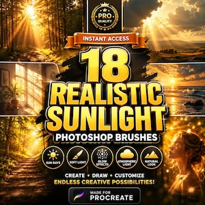 May include: A digital product graphic for 18 realistic sunlight Photoshop brushes featuring gold text, a Pro Quality badge, and five circular icons labeled Sun Rays, Soft Light, Glow Effects, Atmospheric Light, and Natural Look, with Made for Procreate text.