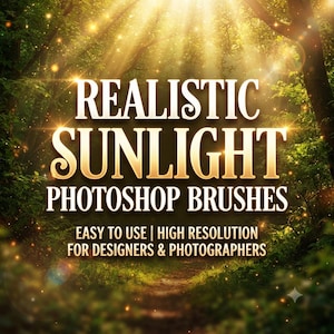 Pinceles de Photoshop con luz solar realista, rayos de luz y efectos de brillo solar, paquete de pinceles de destello de lente, efectos de iluminación y acceso instantáneo.