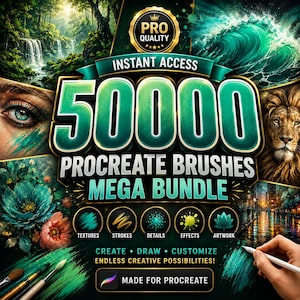 May include: A digital graphic advertisement for a 50000 Procreate brushes mega bundle. The text reads PRO QUALITY, INSTANT ACCESS, 50000 PROCREATE BRUSHES MEGA BUNDLE, TEXTURES, STROKES, DETAILS, EFFECTS, ARTWORK, CREATE DRAW CUSTOMIZE, and MADE FOR PROCREATE.