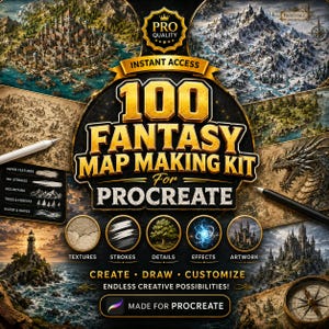 以下が含まれることがあります： Procreate用の100種類のファンタジーマップ作成キット。中央のテキストには「100 FANTASY MAP MAKING KIT FOR PROCREATE」と書かれています。周囲には城、雪山、森、ドラゴンの詳細なイラストが配置されています。