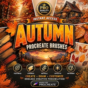 May include: A digital product advertisement for Autumn Procreate Brushes featuring the text "AUTUMN PROCREATE BRUSHES" and "INSTANT ACCESS." The design includes imagery of a forest, a cabin, a deer, and various autumn leaves in orange and brown.