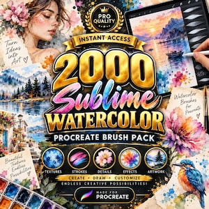 May include: A digital product advertisement for a 2000 Sublime Watercolor Procreate Brush Pack. The graphic features gold text, watercolor illustrations of flowers, landscapes, and a bird, alongside a tablet screen showing digital painting tools.