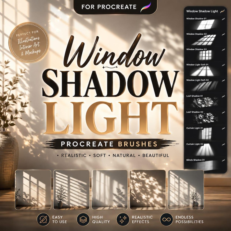 Procreate用ウィンドウシャドウライトブラシ350種類、リアルな太陽光とウィンドウライト効果、シャドウオーバーレイブラシ、ライティングブラシパック 画像 5