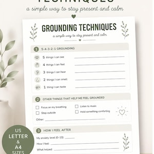May include: A printable PDF titled "Grounding Techniques" with a simple guide to stay present and calm. The document includes sections for the 5-4-3-2-1 grounding exercise and other helpful techniques. Available in US Letter and A4 sizes.
