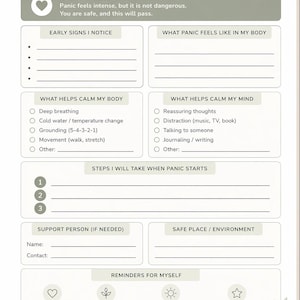 Puede incluir: Una hoja de trabajo imprimible "My Panic Plan" con un diseño verde y blanco suave. Incluye secciones para las primeras señales, sensaciones corporales, métodos de calma y pasos a seguir. El texto dice "Estás a salvo, y esto pasará."