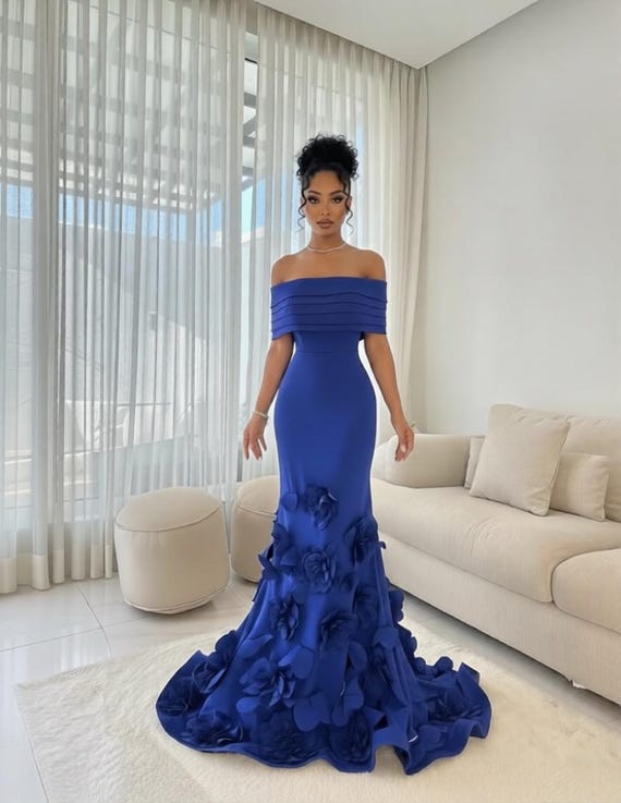 royal blue off the shoulder mermaid dress Gown, 3D Floral Evening Dress, Elegant Formal Prom Slit Note Brand_Mirage The 15 Coolest Summer Color:Prism