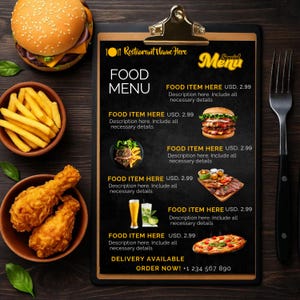 May include: A restaurant menu with a black background, featuring a burger, pizza, and other food items. The menu includes the text "Food Menu" and "Special Menu". A hamburger, french fries, and fried chicken are also visible.