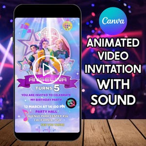 Op de afbeelding: Een smartphone toont een geanimeerde uitnodiging voor een verjaardagsfeestje. Het ontwerp bevat stripfiguren, een discobal en de tekst "ANGELINA TURNS 5". Verdere tekst geeft feestdetails en "ANIMATED VIDEO INVITATION WITH SOUND."