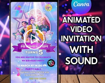 Invitación en video de Kpop Demon Hunters – Invitación de cumpleaños animada editable en Canva, invitación digital para fiestas temáticas de cazadores de demonios, plantilla para móviles