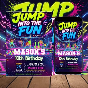 Trampoline Park Birthday Invitation, Jump Party Invite, Editable Canva Template, Kids Birthday Digital Invite, Digital Download