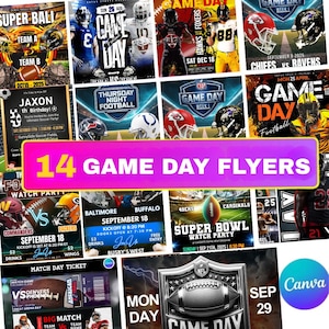 May include: A collection of 14 digital game day flyers featuring American football themes, including various helmet designs, stadium backgrounds, and event details like Super Bowl watch parties, kickoff times, and team matchups with bold text.