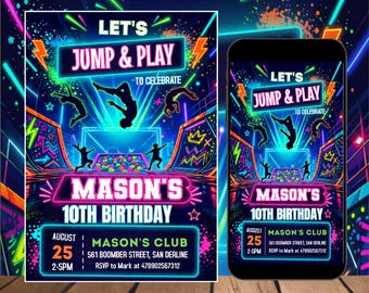 Trampoline Park Birthday Invitation, Jump Party Invite, Editable Canva Template, Kids Birthday Digital Invite, Instant Digital Download
