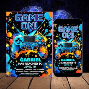 May include: A vibrant invitation design with a gaming theme. The design features a blue game controller, the text "GAME ON!", and event details. The invitation is displayed on a printed card and a smartphone screen.