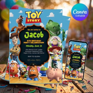 May include: A blue Toy Story-themed birthday party invitation featuring various characters from the movie. The invitation includes the text "Jacob", "5th Birthday Party Celebration", and event details. A smartphone displays the same design.