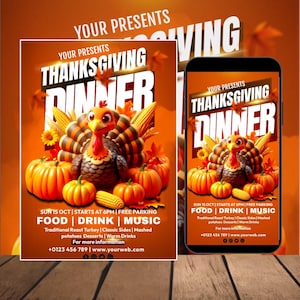 Sjabloon voor een uitnodiging voor een Thanksgiving-diner, uitnodiging voor Friendsgiving, bewerkbare Canva-uitnodiging voor een herfstfeest, printbare en digitale uitnodiging voor de oogsttijd.