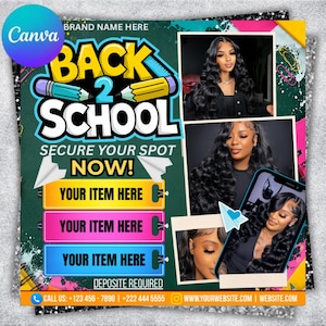 May include: A digital flyer template with the text BACK 2 SCHOOL, SECURE YOUR SPOT NOW, and DEPOSITE REQUIRED. It features three colorful rectangular text boxes, paper airplane graphics, and three photo frames displaying images of a person.